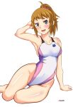  1girl absurdres adapted_costume aiuti arm_support blue_eyes breasts brown_hair collarbone commentary_request competition_swimsuit covered_navel cowboy_shot groin gundam gundam_build_fighters gundam_build_fighters_try highleg highleg_swimsuit highres hoshino_fumina medium_breasts medium_hair one-piece_swimsuit ponytail scrunchie simple_background sitting solo swimsuit twitter_username two-tone_swimsuit white_background white_swimsuit yokozuwari 