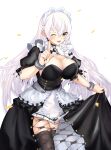  1girl absurdres apron azur_lane black_bow black_dress black_legwear bow braid breasts cleavage cowboy_shot dress frilled_apron frills hair_between_eyes hermione_(azur_lane) highres large_breasts light_brown_eyes long_hair looking_at_viewer low_tied_hair maid maid_apron maid_headdress one_eye_closed open_mouth puffy_sleeves silver_hair skirt skirt_hold smile solo tray twin_braids waist_apron white_apron yoshitoki_(kisshin) 