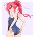  1girl adjusting_clothes adjusting_swimsuit ame-san blue_swimsuit border commentary_request cowboy_shot from_behind grey_background hair_ribbon highres i-168_(kancolle) kantai_collection long_hair looking_at_viewer looking_back one-hour_drawing_challenge ponytail red_eyes red_hair ribbon school_swimsuit solo swimsuit two-tone_background white_border 