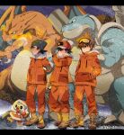  3boys ash_ketchum baseball_cap beanie black_hair blastoise blue_eyes boots breath brown_eyes brown_footwear brown_hair charizard claws closed_mouth clothed_pokemon coffee-break commentary_request expedition_uniform fire fur-trimmed_jacket fur_trim gary_oak gen_1_pokemon gen_8_pokemon gloves goggles goh_(pokemon) grookey hand_in_pocket hat highres holding holding_poke_ball jacket long_sleeves male_focus multiple_boys orange_jacket orange_pants pants poke_ball poke_ball_(basic) pokemon pokemon_(anime) pokemon_swsh_(anime) smile snowing spiked_hair standing starter_pokemon 