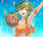  1girl arms_up blue_background commentary confetti crop_top english_commentary goggles goggles_on_head green_eyes green_hair gumi highres holding holding_pom_poms mallope midriff open_mouth orange_shirt outstretched_arm pom_pom_(cheerleading) red_goggles sarashi shirt short_hair_with_long_locks smile solo upper_body vocaloid 