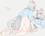  2girls animal_ears bare_legs barefoot blue_shirt blush breast_pocket cat_ears cat_girl cat_tail collared_shirt commentary_request dated eyebrows_visible_through_hair fang full_body girl_on_top grey_background grey_eyes grey_hair grey_skirt kneeling looking_at_another lying medium_hair multiple_girls neck_ribbon nekoya_saki on_back open_mouth original pink_ribbon pleated_skirt pocket ribbon school_uniform shirt shirt_tucked_in short_hair simple_background skirt tail thighs translation_request yuri 