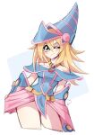  1girl artist_name bare_shoulders blonde_hair blush blush_stickers breasts choker commentary_request cropped_legs dark_magician_girl duel_monster green_eyes hair_between_eyes highres jewelry kaijumilk_(milkchaotea) long_hair one_eye_closed pentacle signature smile solo symbol_commentary thighs yu-gi-oh! 