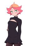  1girl absurdres ahoge amanda_o&#039;neill black_dress black_legwear blush breasts cleavage_cutout clothing_cutout dress green_eyes highres little_witch_academia long_sleeves pantyhose pudgeruffian short_dress short_hair simple_background sleeves_past_wrists small_breasts solo white_background 