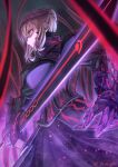  1girl armor armored_dress artoria_pendragon_(all) bangs black_gloves blonde_hair blurry blurry_foreground closed_mouth commentary_request dated depth_of_field excalibur_morgan_(fate) fate/stay_night fate_(series) frown gauntlets gloves hair_bun highres holding holding_sword holding_weapon light_particles looking_to_the_side saber_alter sakumichi short_hair solo standing sword weapon yellow_eyes 