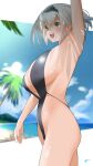  1girl bangs bare_shoulders black_swimsuit blue_sky blush breasts c@rbon green_eyes hairband highres hololive large_breasts looking_at_viewer open_mouth shirogane_noel short_hair sideboob silver_hair sky slingshot_swimsuit smile solo swimsuit thighs virtual_youtuber 