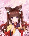  1girl absurdres amagi-chan_(azur_lane) animal_ears azur_lane bangs blunt_bangs brown_hair carrying character_doll cheren_(pokemon) commentary_request detached_sleeves eyebrows_visible_through_hair fox_ears fox_girl fox_tail hair_ribbon highres japanese_clothes kyuubi long_hair looking_at_viewer manjuu_(azur_lane) mianyang_buchiyang multiple_tails petals purple_eyes ribbon rope shimenawa sidelocks solo stuffed_chicken tail thick_eyebrows tree_branch twintails 