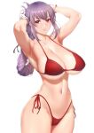  1girl adjusting_hair armpits arms_up bikini braid breasts curvy fate/grand_order fate_(series) florence_nightingale_(fate) gloves large_breasts lips navel purple_hair red_bikini red_eyes shiny shiny_hair side-tie_bikini smile solo standing swimsuit thick_thighs thighs underboob undersized_clothes zucchini 