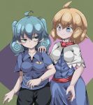  2girls ahoge alice_margatroid bags_under_eyes bangs best_buy black_pants blonde_hair blue_dress blue_eyes blue_hair blue_shirt breasts capelet closed_mouth collared_shirt commentary_request cookie_(touhou) cowboy_shot dress eyebrows_visible_through_hair hair_between_eyes hand_on_another&#039;s_shoulder kawashiro_nitori kofji_(cookie) looking_at_another looking_to_the_side medium_breasts medium_hair multiple_girls pants red_neckwear red_sash sash shirt short_hair smile touhou two_side_up wadachi_(nicoseiga25631355) web_(cookie) white_capelet 