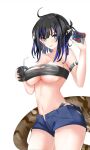  1girl absurdres ahoge arknights arm_strap bandeau black_hair black_shirt blue_eyes blue_hair blue_nails blue_shorts breasts commentary cowboy_shot cup ear_piercing eunectes_(arknights) hand_up highres holding holding_cup large_breasts looking_at_viewer medium_hair midriff multicolored_hair navel parted_lips piercing pointy_ears sarashi shirt short_shorts shorts simple_background snake_tail solo strapless streaked_hair tail tubetop underboob white_background yinxiang 