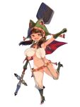  1girl areolae bangs blunt_bangs boots breasts brown_hair capelet clenched_hand dairoku_youhei eyebrows_visible_through_hair fang full_body gloves green_footwear green_gloves hat high_heels holding holding_weapon huge_breasts leg_up long_hair looking_at_viewer navel official_art open_mouth oppai_loli orange_eyes photoshop_(medium) revealing_clothes ryoji_(nomura_ryouji) shovel solo suspenders transparent_background twintails weapon 