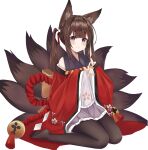  1girl absurdres amagi-chan_(azur_lane) animal_ears azur_lane bangs black_legwear blunt_bangs brown_hair commentary_request detached_sleeves eyebrows_visible_through_hair eyes_visible_through_hair fox_ears fox_girl fox_tail hair_ribbon head_tilt highres japanese_clothes kuyouml kyuubi long_hair looking_at_viewer manjuu_(azur_lane) multiple_tails no_shoes pantyhose purple_eyes ribbon rope shimenawa sidelocks simple_background sitting smile solo tail thick_eyebrows twintails wariza white_background wide_sleeves 