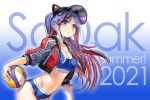  1girl animal_hat blue_background blue_hair blue_tank_top breasts cat_hat collarbone cowboy_shot gradient gradient_background grey_eyes hat jacket kantai_collection large_breasts long_hair multicolored multicolored_clothes multicolored_hair multicolored_jacket navel official_art ponytail red_hair red_jacket south_dakota_(kancolle) stomach tank_top volleyball white_hair zeco 