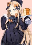  1girl abigail_williams_(fate) absurdres bangs black_bow black_dress black_headwear blonde_hair blue_eyes blush bow dress fate/grand_order fate_(series) food fork hair_bow hat highres ken_pyatsu long_hair looking_at_viewer multiple_bows multiple_hair_bows orange_bow pancake parted_bangs pink_background plate simple_background sleeves_past_fingers sleeves_past_wrists smile solo upper_body very_long_hair 