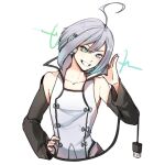  1boy ahoge androgynous blue_eyes cable detached_sleeves green_eyes grey_hair grin hand_on_hip hand_up head_tilt headphones heterochromia highres looking_at_viewer male_focus shirt sleeveless sleeveless_shirt smile solo usb utatane_piko vocaloid white_background yen-mi 