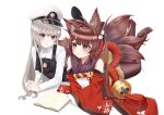  2girls absurdres ahoge amagi-chan_(azur_lane) animal_ears azur_lane bangs bell blunt_bangs book brown_hair commentary_request detached_sleeves eyebrows_visible_through_hair eyes_visible_through_hair fox_ears fox_girl fox_tail hair_between_eyes hat highres konparu_uran kyuubi little_enterprise_(azur_lane) long_hair looking_at_another lying manjuu_(azur_lane) multiple_girls multiple_tails no_shoes on_stomach parted_lips peaked_cap purple_eyes rope shimenawa sidelocks silver_hair simple_background smile soles suspenders tail thick_eyebrows twintails white_background wide_sleeves 