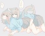  2girls all_fours animal_ears bare_legs blue_eyes blue_shirt blush cat_ears cat_girl cat_tail closed_mouth commentary_request dog_ears dog_girl dog_tail embarrassed eyebrows_visible_through_hair feet_out_of_frame grey_background grey_hair grey_skirt groping hand_on_another&#039;s_thigh intertwined_tails kneeling medium_hair multiple_girls nekoya_saki open_mouth original pleated_skirt school_uniform shirt shirt_tucked_in simple_background skirt sleeves_rolled_up speech_bubble tail translation_request yuri 