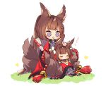  2girls :d amagi-chan_(azur_lane) amagi_(azur_lane) animal_ears azur_lane bangs bell blunt_bangs brown_hair commentary_request detached_sleeves eyebrows_visible_through_hair eyeshadow fox_ears fox_girl fox_tail hair_brush hair_ornament holding japanese_clothes kyuubi long_hair makeup manjuu_(azur_lane) multiple_girls multiple_tails namesake open_mouth petting purple_eyes putimaxi rope shimenawa sidelocks simple_background size_difference sleeping sleeping_on_person smile tail thick_eyebrows wide_sleeves zzz 