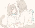  2girls animal_ears beige_background blue_collar blush brown_hair collar collared_shirt commentary_request dog_ears dog_girl dog_tail eye_contact eyebrows_visible_through_hair flying_sweatdrops grey_eyes leash leash_pull limited_palette long_hair looking_at_another medium_hair multiple_girls nekoya_saki open_mouth original pet_play pleated_skirt school_uniform shirt shirt_tucked_in short_sleeves simple_background skirt spot_color tail white_shirt yuri 