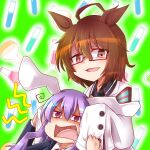  2girls @_@ agnes_tachyon_(umamusume) ahoge animal_ears brown_hair bunny_ears crossover eyebrows_visible_through_hair flask glasses hair_between_eyes highres horse_ears horse_girl labcoat long_hair multiple_girls necktie purple_hair rabbit_girl reisen_udongein_inaba round-bottom_flask shaded_face short_hair sleeves_past_wrists sora_kyuuri test_tube touhou umamusume 