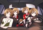  5girls ^_^ blurry blurry_background brown_eyes brown_hair car car_interior character_doll closed_eyes commentary doll driving earrings english_commentary furrowed_brow ground_vehicle hand_up jewelry meiko motion_blur motor_vehicle multiple_girls multiple_persona pout project_sekai seatbelt shaking short_hair smile steering_wheel stuffed_toy vocaloid yen-mi 