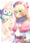 1girl ahoge animal_ears bear_ears belt belt_buckle beret black_belt blonde_hair blue_eyes blurry blurry_background blush brown-framed_eyewear buckle capelet character_request closed_mouth commentary_request commission crossover depth_of_field gen_7_pokemon glasses hand_up hat heart_ahoge index_finger_raised indie_virtual_youtuber kouu_hiyoyo long_hair long_sleeves pink_capelet pink_headwear pokemon pokemon_(creature) puffy_long_sleeves puffy_sleeves round_eyewear rowlet shirt skeb_commission smile starter_pokemon very_long_hair vial virtual_youtuber white_shirt 