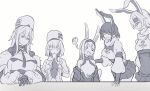  5girls anchor_symbol animal_ears azur_lane bangs bare_shoulders black_gloves black_hairband black_jacket braid breasts bunny_ears cleavage closed_eyes closed_mouth coat coat_dress commentary_request cup detached_sleeves dress eyebrows_visible_through_hair eyepatch fur-trimmed_coat fur_trim giving_up_the_ghost gloves hair_between_eyes hairband hat hikimayu holding holding_cup jacket large_breasts le_terrible_(azur_lane) long_bangs long_hair long_sleeves looking_at_another marshall_k mikuma_(azur_lane) military_hat monochrome multiple_girls necktie o_o off_shoulder open_mouth papakha shimakaze_(azur_lane) short_hair side_braid sidelocks simple_background sitting skirt small_breasts smile sovetsky_soyuz_(azur_lane) sweat tone_(azur_lane) trait_connection upper_body very_long_hair white_background white_dress white_hair white_headwear wide_sleeves 