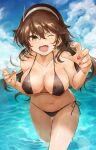  1girl ashigara_(kancolle) bare_arms bare_legs bare_shoulders bikini black_bikini breasts brown_eyes brown_hair cleavage collarbone day fangs fingernails hair_between_eyes hairband highres horned_headwear kantai_collection large_breasts long_hair nail_polish navel ocean one_eye_closed open_mouth red_nails smile solo swimsuit toka_(marchlizard) white_hairband 