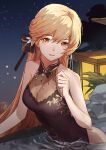  1girl black_ribbon blonde_hair china_dress chinese_clothes dress eyebrows_visible_through_hair girls&#039;_frontline hair_ribbon long_hair looking_at_viewer night official_alternate_costume open_mouth ots-14_(girls&#039;_frontline) partially_submerged ribbon sao7 sky sleeveless sleeveless_dress star_(sky) starry_sky upper_body yellow_eyes 