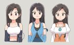  3girls arm_ribbon black_hair breasts brown_eyes cleavage crop_top elbow_gloves final_fantasy final_fantasy_ix final_fantasy_vii final_fantasy_viii garnet_til_alexandros_xvii gloves grey_background jewelry long_hair looking_at_viewer multiple_girls necklace puffy_sleeves ribbon rinoa_heartilly suspenders tank_top tifa_lockhart trait_connection tsubobot upper_body 