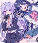  2girls :d bad_anatomy bangs black_gloves black_ribbon black_skirt blue_eyes blue_hair blush bow braid collared_shirt commentary_request danganronpa:_trigger_happy_havoc danganronpa_(series) gloves hair_ornament hair_ribbon hairclip highres jacket kirigiri_kyouko long_hair long_sleeves looking_at_viewer maizono_sayaka miniskirt multiple_girls necktie notice_lines open_mouth orange_neckwear osshouri55 pink_bow pleated_skirt purple_eyes purple_hair ribbon school_uniform serafuku shirt single_braid skirt smile thighhighs thinking white_shirt 