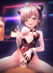  1girl animal_ears azur_lane bangs bar_censor bare_arms bare_shoulders blurry blurry_background blush breasts censored collarbone cowgirl_position cum cum_in_pussy eyebrows_visible_through_hair grey_hair highres lactation looking_at_viewer moemaru open_mouth playboy_bunny pov saliva sex short_hair small_breasts solo_focus straddling suzutsuki_(kancolle) 