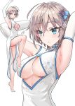  1girl :o anastasia_(idolmaster) aqua_eyes arm_up armpits arms_up bangs bare_legs blush breasts china_dress chinese_clothes cleavage dress elbow_gloves eyebrows_visible_through_hair flower_knot gloves hair_ornament highres idolmaster idolmaster_cinderella_girls leg_up looking_at_viewer looking_away medium_breasts multiple_views open_mouth parted_lips pelvic_curtain rum_raisin_(chihiromakita19) short_hair silver_hair simple_background sleeveless sleeveless_dress standing standing_on_one_leg tassel v-shaped_eyebrows white_background white_dress white_footwear white_gloves 
