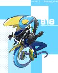  artist_name clothed_pokemon commentary_request enishi_(menkura-rin10) full_body gen_8_pokemon highres inteleon jacket legs_up number open_clothes open_jacket open_mouth outstretched_arms pointing pokedex_number pokemon pokemon_(creature) shoes smile solo twitter_username yellow_eyes 