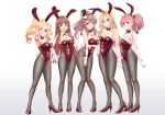  5girls :q alternate_hairstyle anchor_hair_ornament animal_ears atlanta_(kancolle) bangs black_legwear blue_eyes blush bow bowtie breasts brown_hair bunny_ears bunny_tail closed_mouth detached_collar drill_hair earrings fake_animal_ears fake_tail full_body gradient gradient_background green_eyes grey_background hair_between_eyes hair_bobbles hair_ornament hand_on_hip helena_(kancolle) high_heels highres honolulu_(kancolle) hornet_(kancolle) jewelry kantai_collection large_breasts leotard long_hair mikan_29344886 multiple_girls one_eye_closed open_mouth pantyhose pink_hair playboy_bunny ponytail red_footwear red_leotard red_neckwear saratoga_(kancolle) simple_background single_earring smile smokestack_hair_ornament standing star_(symbol) star_earrings tail tongue tongue_out twin_drills twintails two_side_up wrist_cuffs 