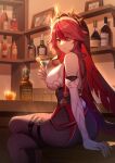  1girl alcohol bare_shoulders black_legwear breasts crossed_legs cup drink drinking_glass elbow_gloves fishnet_legwear fishnets genshin_impact gloves highres large_breasts lxy122 nun rosaria_(genshin_impact) sitting table thighs veil whiskey wine_glass 