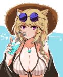  1girl animal_ear_fluff animal_ears aqua_background aqua_nails arknights bangs bare_shoulders blonde_hair braid breasts cleavage cloud commentary_request crazy_straw cup drinking drinking_glass drinking_straw eyebrows_visible_through_hair eyewear_on_head hand_up hat heart_straw heka=ton highres holding holding_cup jewelry large_breasts long_hair looking_at_viewer nail_polish off_shoulder official_alternate_costume open_clothes pendant purple_eyes solo stomach sun_hat sunglasses twin_braids two-tone_background upper_body utage_(arknights) utage_(summer_flowers)_(arknights) white_background 