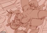  2girls blush bottle controller couch cunnilingus dragon_girl dragon_horns dragon_tail game_controller glasses gloves horns kobayashi-san_chi_no_maidragon kobayashi_(maidragon) long_hair maid maid_headdress monochrome multiple_girls nipples open_mouth oral pink_seito pussy sake_bottle tail thighhighs tohru_(maidragon) translation_request twintails yuri 
