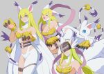  1girl adapted_costume angel_wings angewomon animal_ears asymmetrical_clothes bare_shoulders blonde_hair blue_eyes breasts cat_ears cat_paws cleavage covered_eyes digimon digimon_(creature) elbow_gloves gloves helmet hexed highres long_hair navel paws tailmon thigh_strap wings yawning 