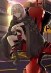  1girl absurdres benghuai_xueyuan black_footwear blue_eyes boots cape closed_mouth cloud cloudy_sky cross_(weapon) full_body hand_on_own_knee highres honkai_(series) honkai_impact_3rd looking_away miying_(13975192760) outdoors road road_sign sign sitting sky solo theresa_apocalypse torn_cape torn_clothes twilight weapon white_hair 