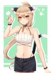  1girl absurdres alternate_costume animal_ears animal_print arm_up armpits ayanami_(azur_lane) azur_lane bangs bare_shoulders bell belt black_skirt breasts camisole cat_ears cat_print cat_tail cleavage collarbone commentary_request eyebrows_visible_through_hair hair_between_eyes headgear highres kemonomimi_mode konparu_uran light_brown_hair long_hair looking_at_viewer midriff navel neck_bell orange_eyes ponytail sidelocks simple_background skirt solo tail two-tone_background waving white_camisole wristband 