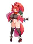  1girl animal_ears bangs breasts covered_navel covered_nipples curvy dairoku_youhei detached_sleeves eyebrows_visible_through_hair fang fox_ears fox_girl fox_tail full_body hand_on_hip high_heels high_ponytail huge_breasts multicolored_hair official_art open_mouth photoshop_(medium) pink_hair red_eyes red_hair revealing_clothes ryoji_(nomura_ryouji) sandals scroll see-through solo standing tail thighhighs transparent_background two-tone_hair white_hair 