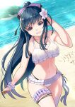  1girl assault_lily azuma_reiji beach bikini black_hair flower frilled_bikini frills grey_eyes hair_flower hair_ornament hair_ribbon long_hair looking_at_viewer open_mouth ponytail ribbon scrunchie shirai_yuyu smile solo swimsuit white_bikini wrist_scrunchie 