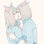  2girls animal_ears beige_background blue_shirt cat_ears cat_girl closed_eyes collared_shirt commentary_request eyebrows_visible_through_hair french_kiss grey_hair hand_on_another&#039;s_arm hands_on_another&#039;s_shoulders kiss long_hair medium_hair multiple_girls nekoya_saki open_collar open_mouth original school_uniform shirt shirt_tucked_in short_hair simple_background tongue tongue_out upper_body yuri 
