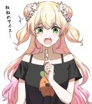  1girl blonde_hair bra_strap collarbone double_bun fang flower gradient_hair green_eyes hair_flower hair_ornament hololive long_hair momosuzu_nene multicolored_hair off-shoulder_shirt off_shoulder open_mouth pink_hair shirt solo tearing_up translation_request two_side_up upper_body yuu201023 