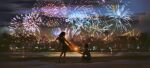  1boy 1girl alzi_xiaomi barefoot blurry blurry_background bokeh brown_hair building chinese_commentary city_lights cityscape closed_mouth cloud cloudy_sky contrapposto depth_of_field dress fireworks full_moon highres holding holding_sparkler lake long_hair looking_at_another moon night open_mouth original outdoors outstretched_arm palm_tree reflection reflective_water scenery short_hair short_sleeves shorts sky sleeveless sleeveless_dress smile sparkler squatting standing tree wide_shot 