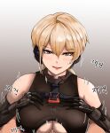  1girl black_gloves blonde_hair breasts commentary elbow_gloves english_commentary eyebrows_visible_through_hair girls&#039;_frontline girls&#039;_frontline_2:_exilium gloves headgear highres kepra_iii looking_at_viewer ots-14_(girls&#039;_frontline) paizuri paizuri_under_clothes sleeveless sweat underboob yellow_eyes 