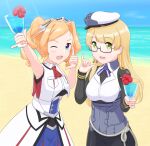  2girls beach blonde_hair blue_eyes breast_pocket breasts corset cowboy_shot drill_hair drink geometrie glasses green_eyes hat headgear highres honolulu_(kancolle) kantai_collection large_breasts long_hair looking_at_viewer military military_uniform multiple_girls northampton_(kancolle) open_mouth peaked_cap pencil_skirt pocket red_neckwear shaka_sign skirt sleeveless sleeveless_jacket twin_drills twintails uniform white_headwear 