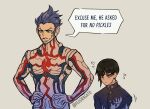  2boys artist_request bangs black_hair blue_eyes blue_hair blush bodysuit bowl_cut excuse_me_he_asked_for_no_pickles_(meme) eyelashes gloves highres looking_at_viewer male_focus multiple_boys protagonist_(smtv) school_uniform shin_megami_tensei shin_megami_tensei_v short_hair simple_background 