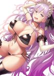  1girl bb_(fate) bb_(fate)_(all) bikini black_bikini black_legwear breasts choker detached_sleeves fate/extra fate/extra_ccc fate/grand_order fate_(series) hair_between_eyes highres huge_breasts long_hair looking_at_viewer navel open_mouth purple_eyes purple_hair simple_background solo swimsuit thighhighs uo_denim white_background white_choker 
